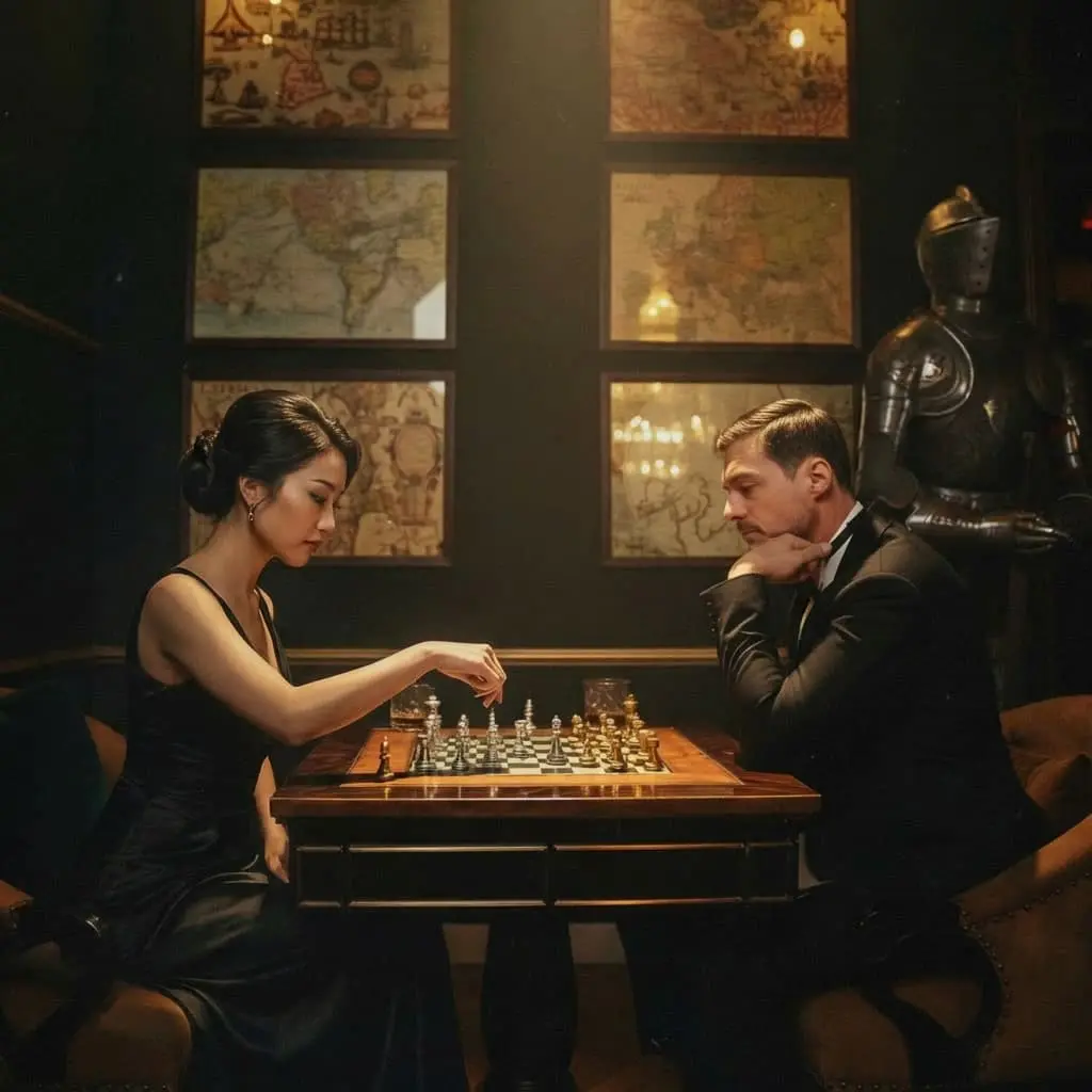 A woman and a man playing chess beneath antique maps, beside a suit of armour
