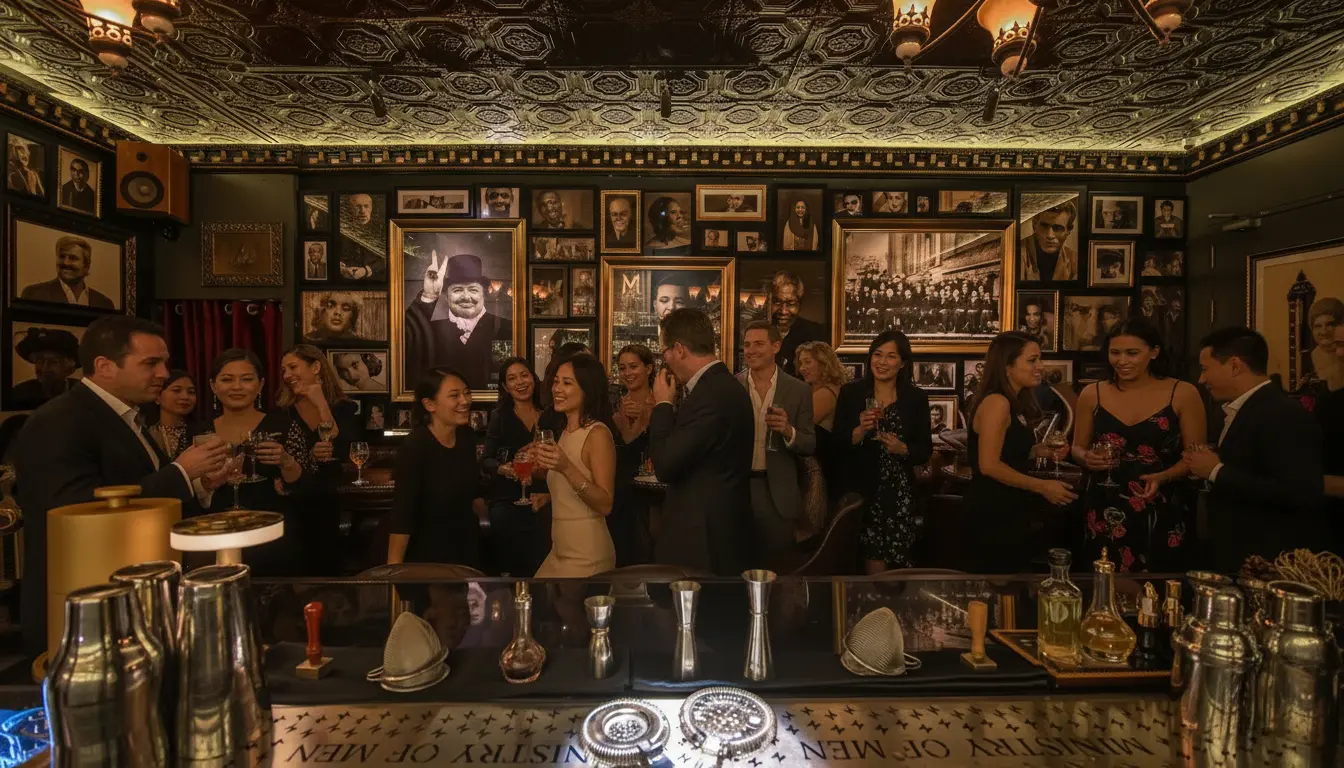 Guests raising cocktails across the bar counter beneath framed portraits