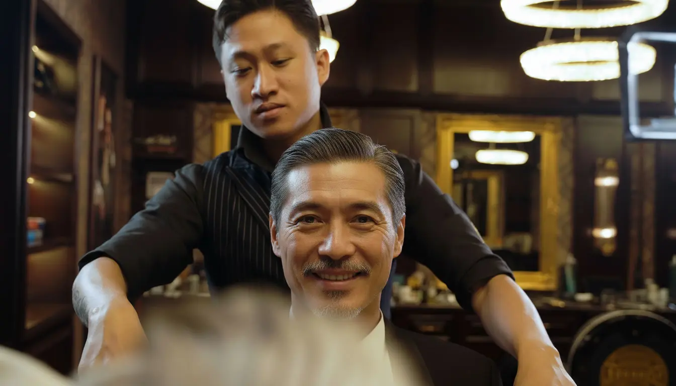 A barber styling a smiling client's hair in the barbershop chair
