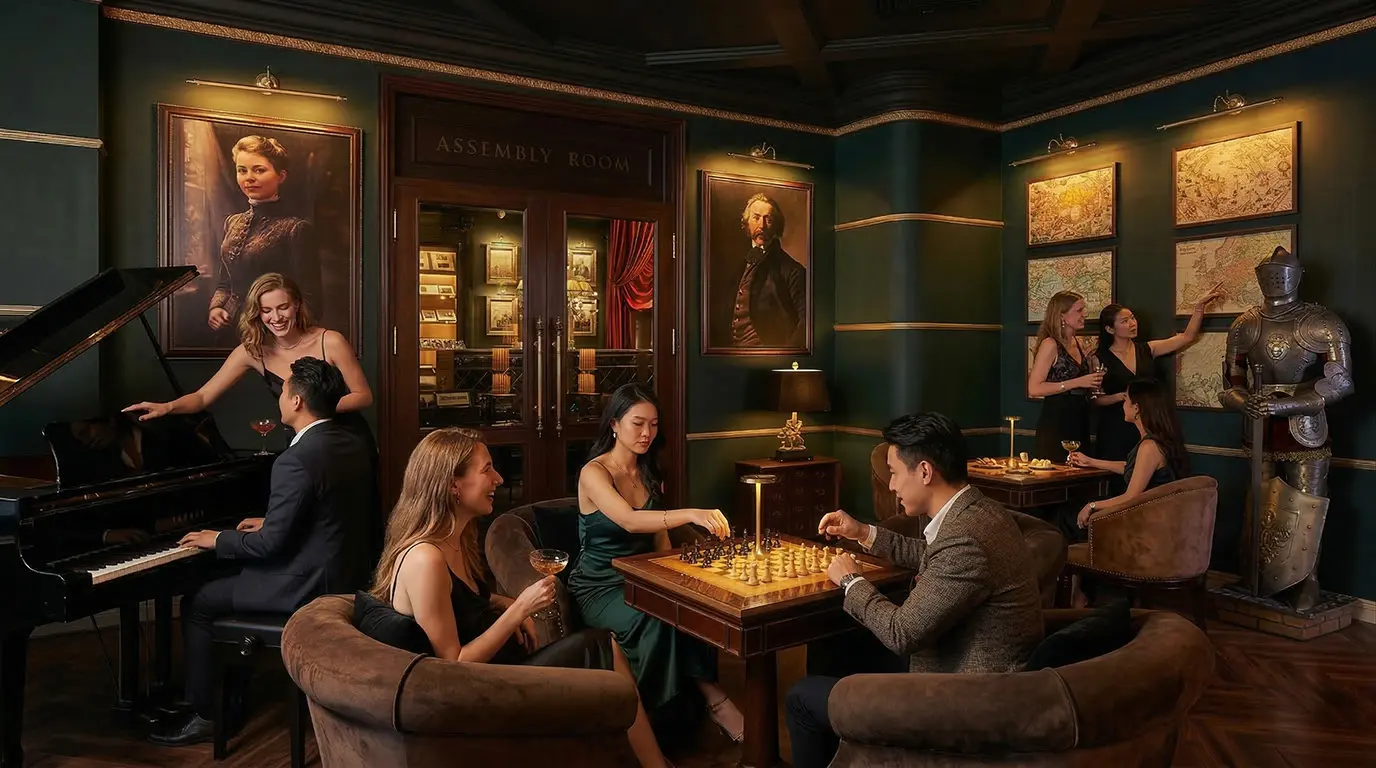 Guests playing chess and piano in the Assembly Room lounge at House of Barbaard