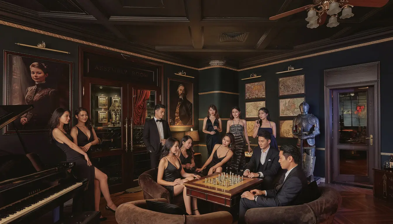 A group of guests in evening wear gathered around a chess table in the lounge