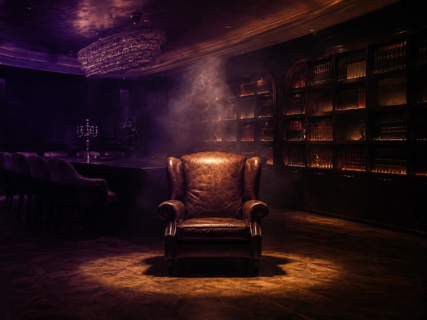 An empty leather armchair under a chandelier in a dim library lounge