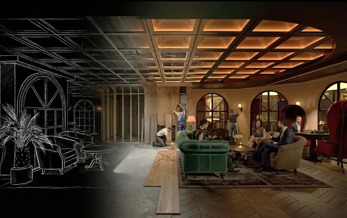 The Tien Bo Plaza lounge, from sketch and construction to the finished room